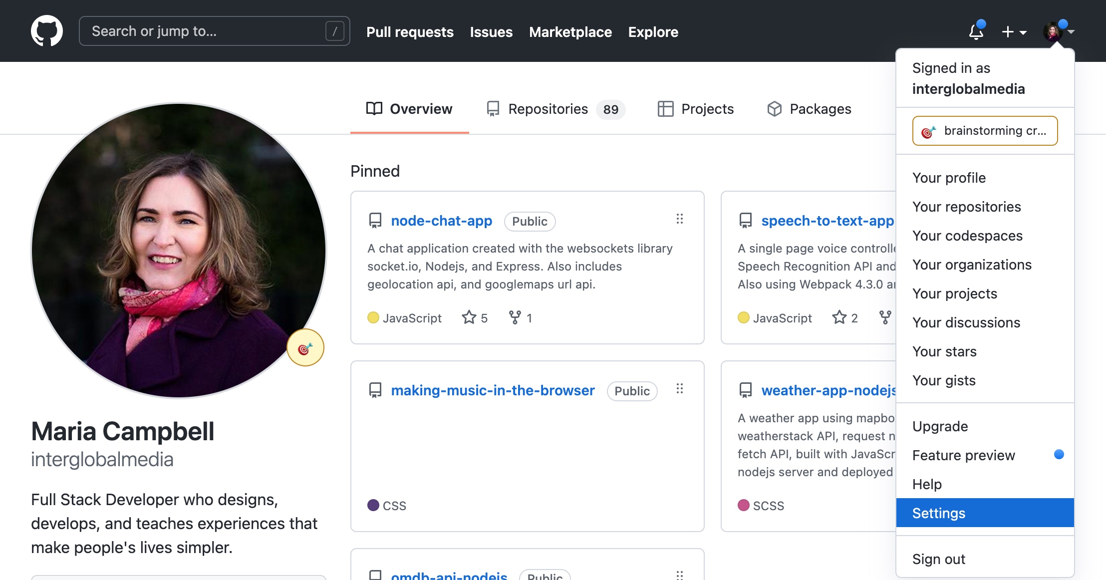 Screenshot of the user account menu on Github
