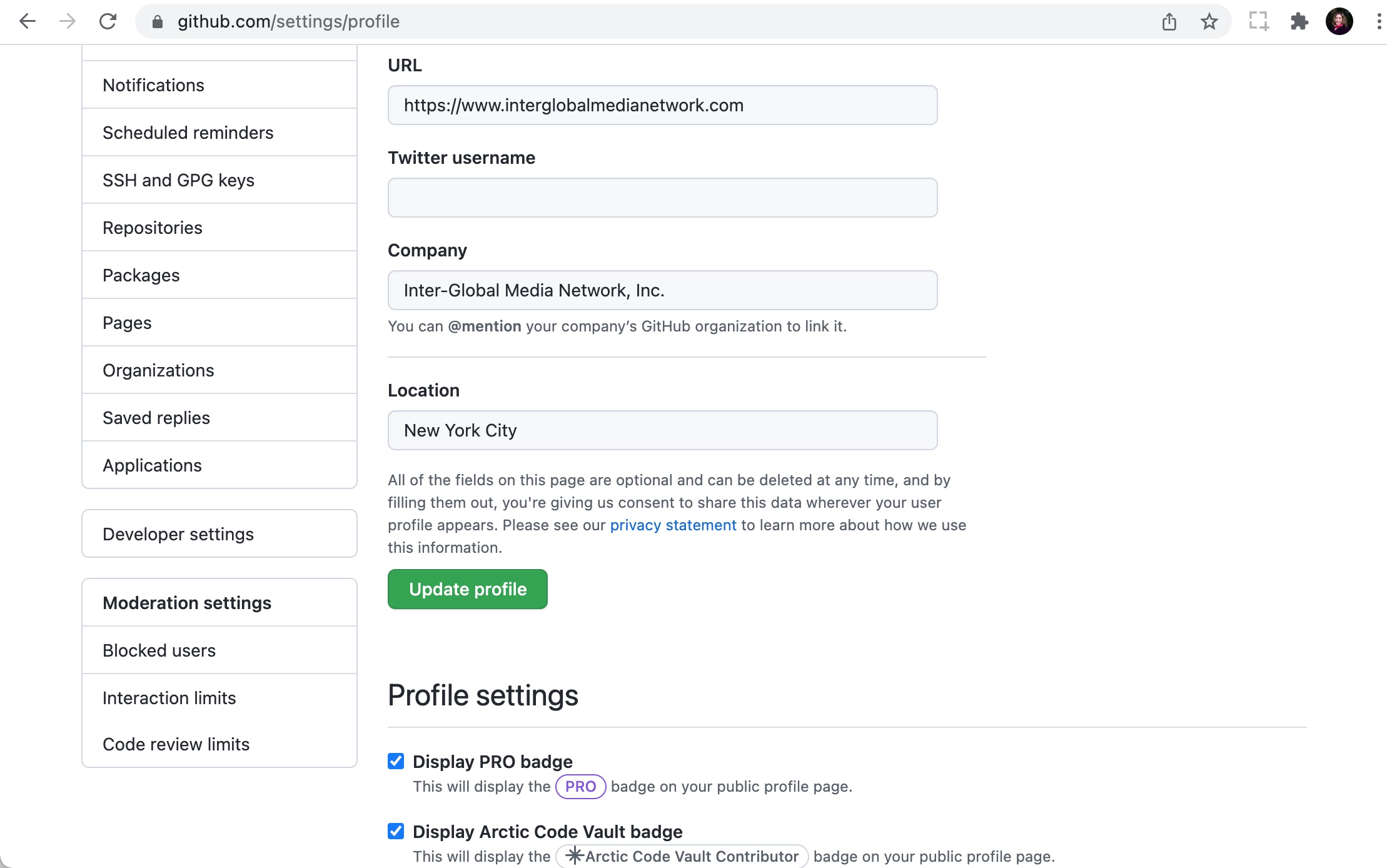 Screenshot of the user account Settings menu on Github