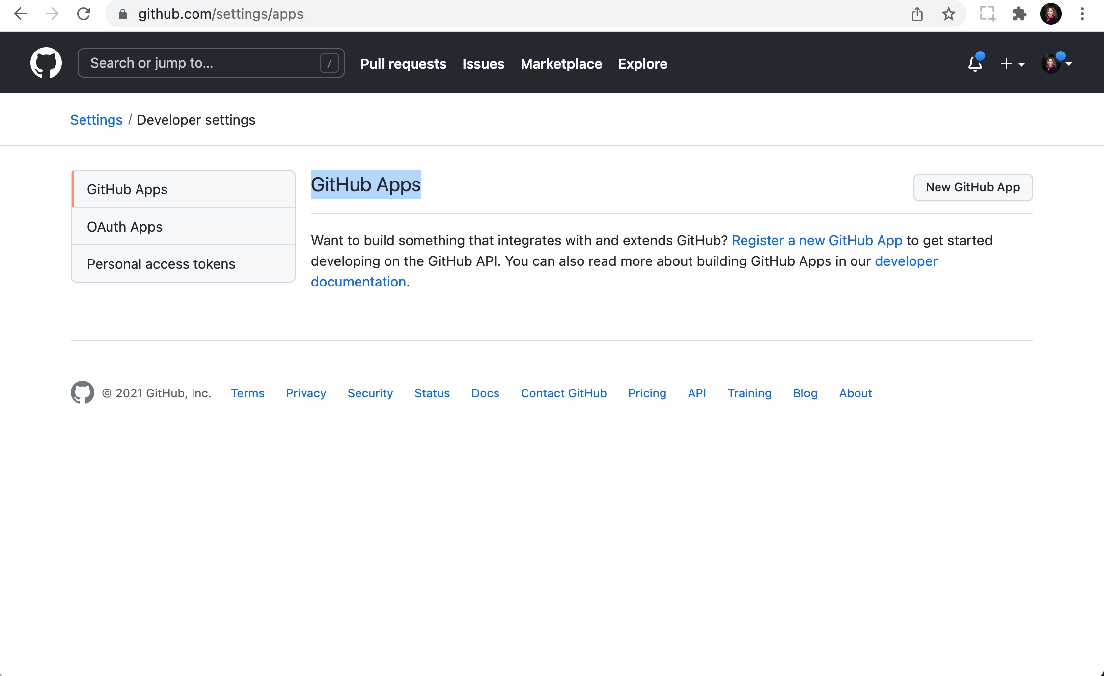 Screen Shot of the Github Apps area in the user account Developer Settings