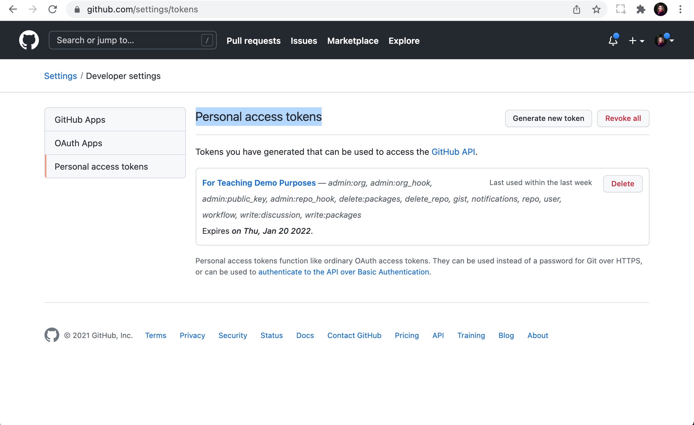 Screenshot of Personal Access Tokens area in the user account Settings