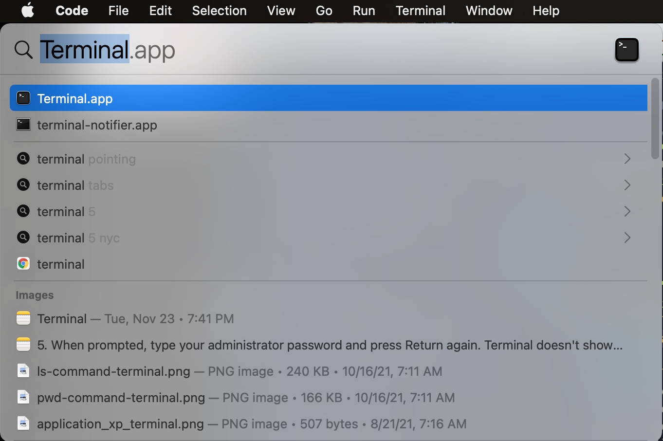 Screenshot of typing Terminal in Spotlight Search