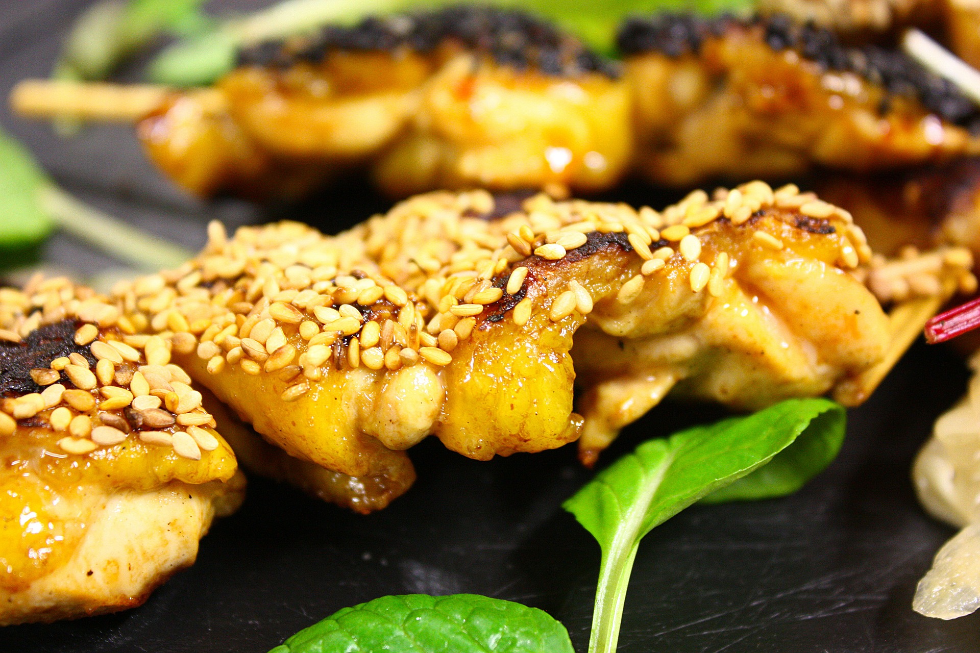 Specially seasoned sesame chicken on the skewer at Julia's restaurant.